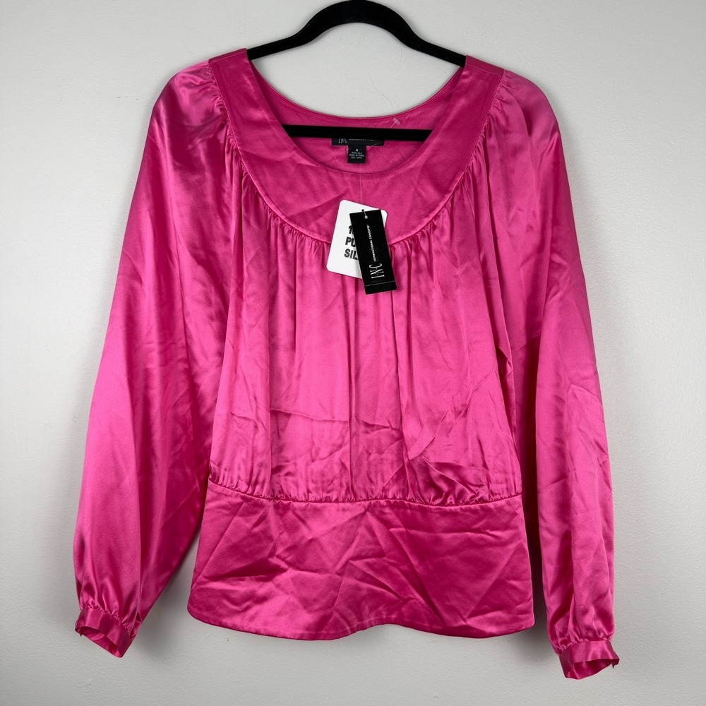INC International Concepts Blouse Womens 4 Pink 100% Silk Long Sleeves Fun Party